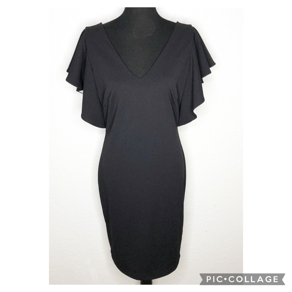 WHBM black white ruffle sleeve sheath dress size 10